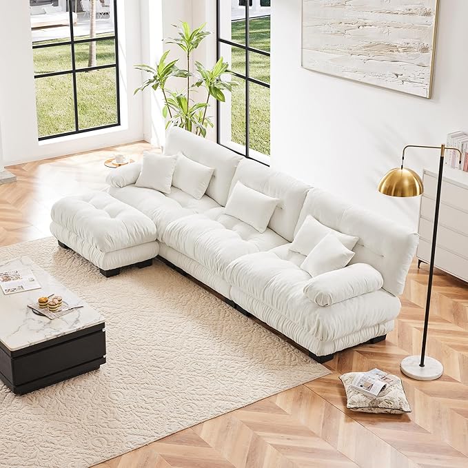 Modern L-Shaped Couch, 3-Seater Cloud Couch with Round Bolster Armrests, Oversized Loveseat Sectional Sofa, Chenille Fabric, White-Ruum Studio Home