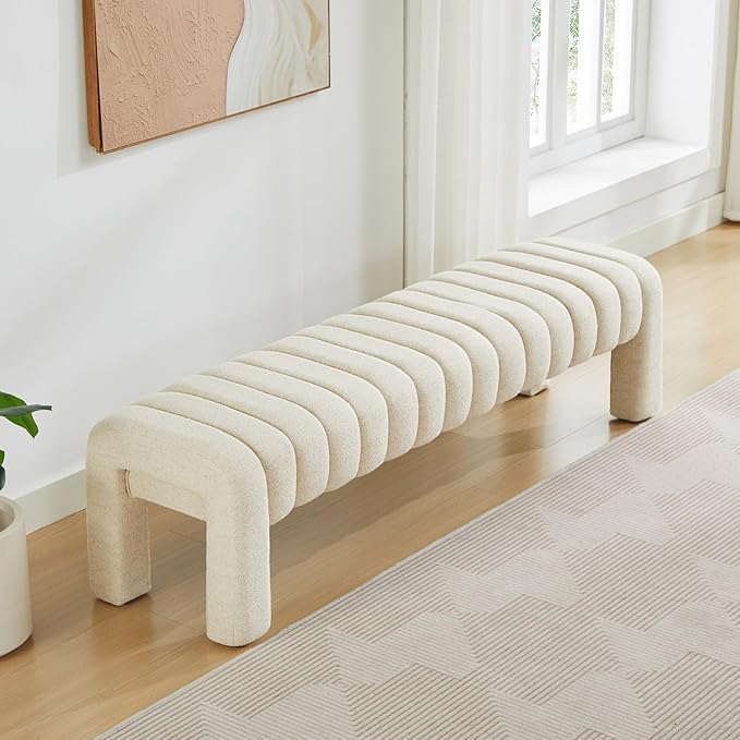 63" Bedroom Bench, Upholstered Entryway Bench, Modern End of Bed Ottoman with Solid Wood Legs and Adjustable Foot Pegs for Entryway, Dining Room and Living Room (Beige Linen)-Ruum Studio Home
