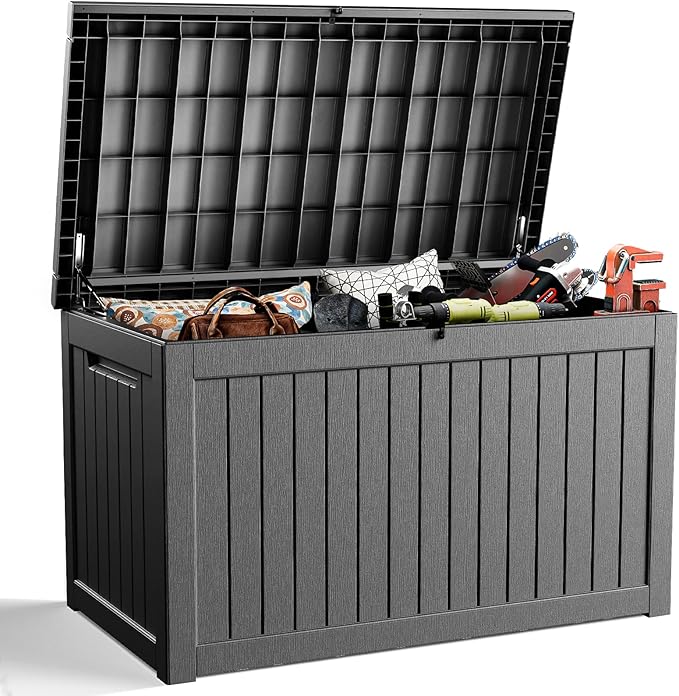 DRATO 230 Gallon Deck Box, Outdoor Large Waterproof Resin Storage Box with Lockable Lid for Patio Cushions, Gardening Tools, Sports Equipment, Black-Ruum Studio Home