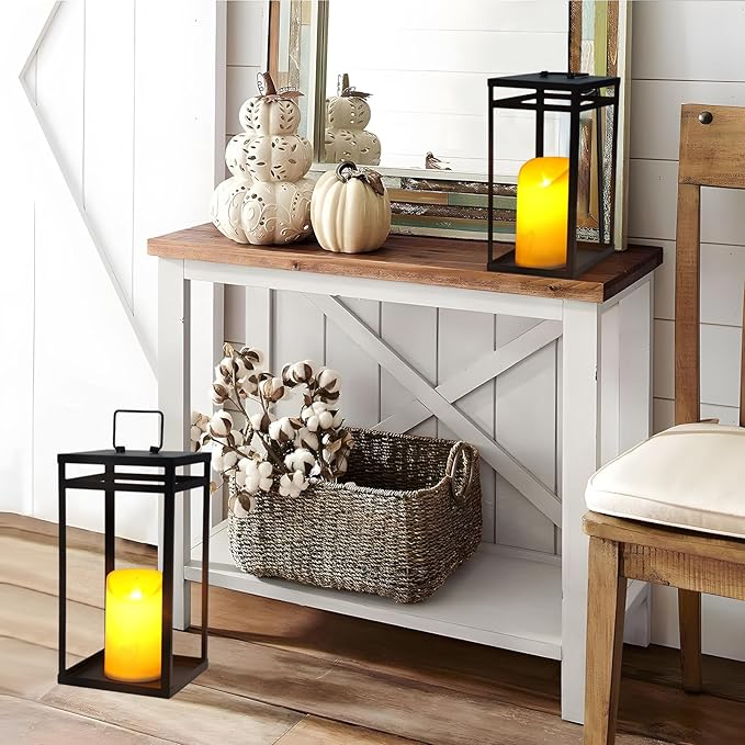 Modern Farmhouse Lantern Decor, 2Pcs Metal Candle Lanterns with Flameless Candles Black Decorative Lantern for Front Porch Covered Patio Dining Table Entryway Table Wedding Home Decor-Ruum Studio Home