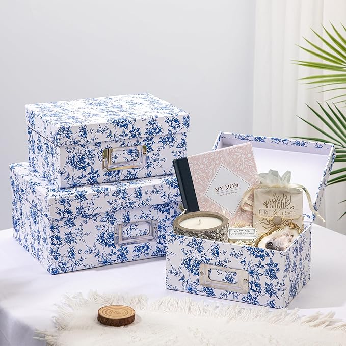 Briful Blue and white Porcelain Storage Boxes, Photos Storage Boxes with Lids 4 in 1 Set Water-proof Gift Boxes Sets Decorative Multiple Size Storage Bins for Clothes/Shoes/Office/Cosmetic/Books-Ruum Studio Home