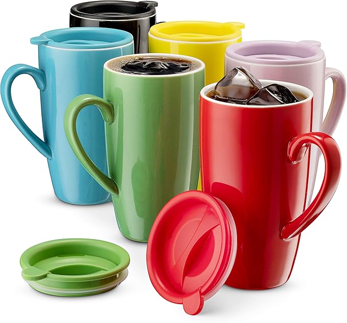 MITBAK 6-Pack Ceramic Coffee Mug Set with Lids (16-Ounce) | Large Colored Insulated Tumbler Mugs Set Great for Taking Your Coffee & Tea To-Go | Excellent Choice for Camping, Travel & Office-Ruum Studio Home