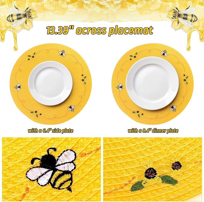 Whaline 4Pcs Round Placemats Bee Sunflower Embroidered Place Mats Bee Floral Dinner Table Mats for Home Spring Summer Holiday Birthday Baby Shower Party Decor-Ruum Studio Home