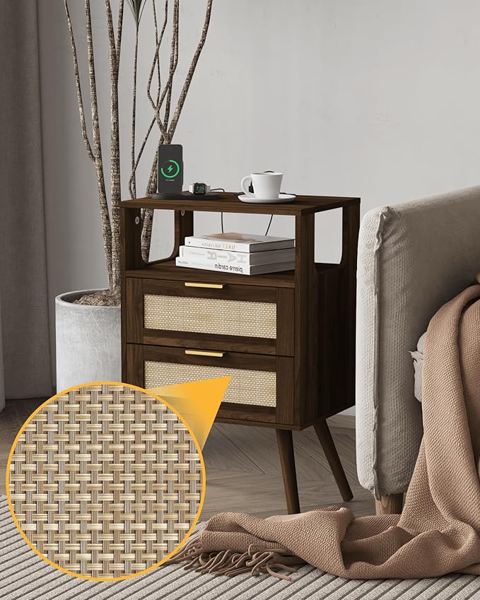 Rattan Nightstand with Charging Station,Modern Bedside Table with 2 Storage Drawer and Open Wood Shelf, for Bedroom and Small Spaces,Night Stand with Solid Wood Legs (Walnut Brown)-Ruum Studio Home