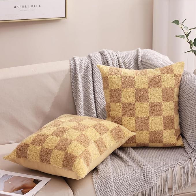 Alysheer Checkered Embroidered Decorative Throw Pillow Covers 18"x 18" Set of 2, Farmhouse Cottage Cream Ivory Plaid Tufted Patterned Cotton Canvas Cushion Case for Sofa Couch Bed Living Room-Ruum Studio Home
