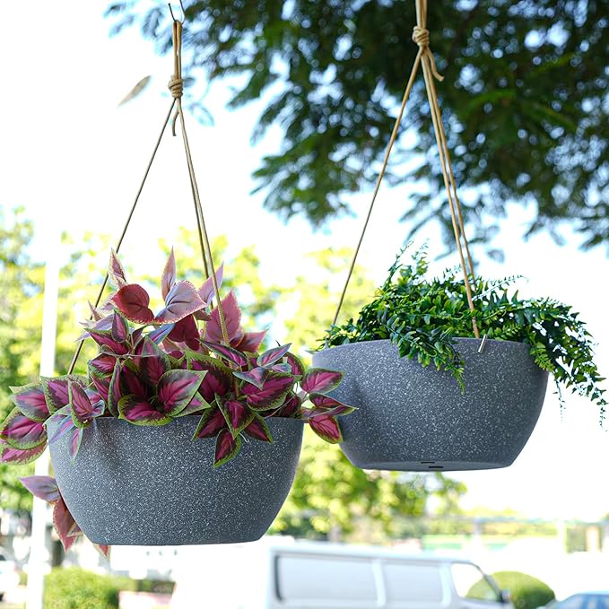 12 Inch 2 Pack Large Hanging Planters for Indoor Outdoor Plants, Plastic Hanging Basket Pots for House Plants Flowers, Grey-Ruum Studio Home