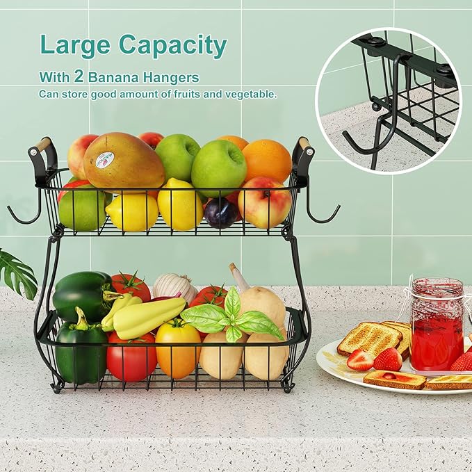 ANTOPY 2 Tier Fruit Basket with 2 Banana Hangers, Countertop Fruit Vegetable Basket Bowl for Kitchen Counter Metal Wire Fruits Storage Stand Holder Organizer for Bread Snack Veggies Produce-Ruum Studio Home