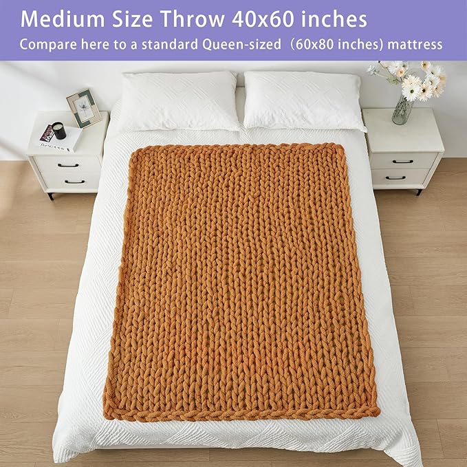 Bigacogo Chunky Knit Throw Blanket for Couch, 40x60 inches, 100% Hand Knitted with Thick Jumbo Chenille Yarn, Cozy Soft Large Rope Knot Cable Crochet Blankets for Sofa Bed Living Room, Burnt Orange-Ruum Studio Home