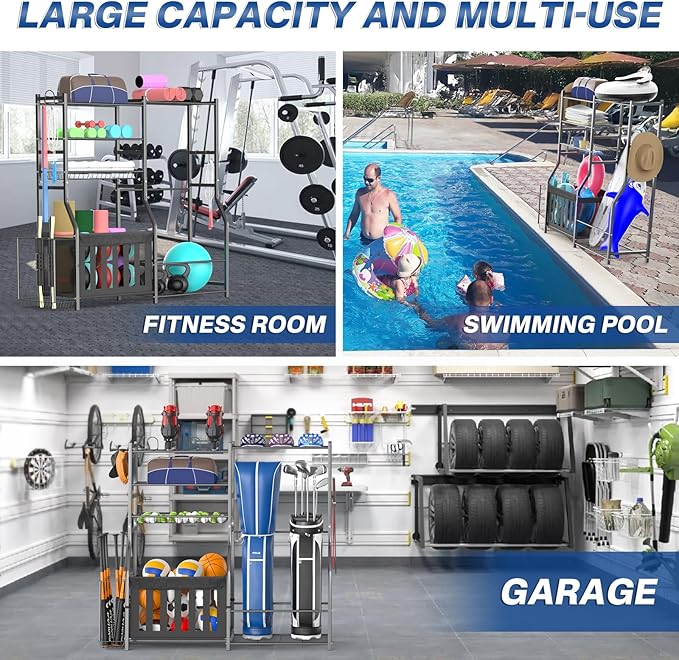 Garage Sports Equipment Organizer, Strong Load Bearing Golf Bag Organizer, Multi Use Golf Ball Rack Basketball Rack for Sports Gear and Outdoor Toy Ball Storage-Ruum Studio Home