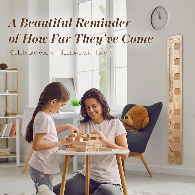 Wooden Growth Chart for Wall - Foldable Height Chart for Kids with Picture Slots - Milestone Tracker Measuring Board with Mounting Hooks - Easy Installation, Smooth Finish, Neutral Color-Ruum Studio Home