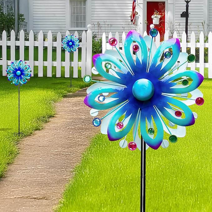 Solar Wind Spinners, 60.63" Outdoor Metal Stake Yard Wind Sculpture,Solar Powered Multi-Color LED Glass Ball with Kinetic Wind Spinners for Yard and Garden Lawn Patio Decor-Ruum Studio Home