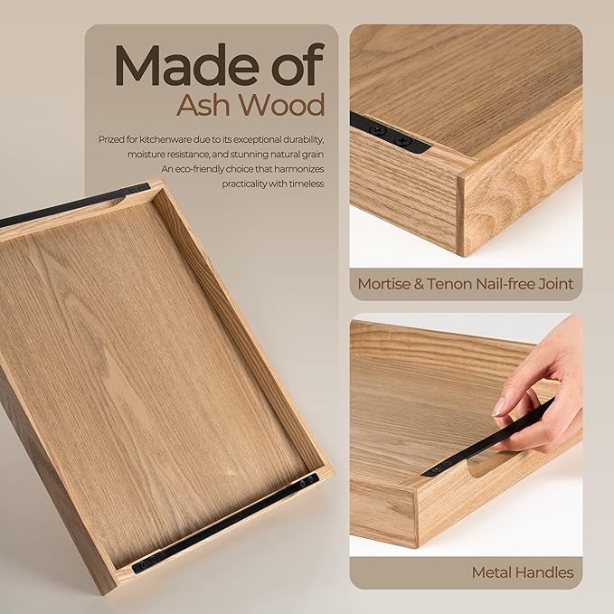 Axeman Wooden Serving Tray with Metal Handles|Ottoman Tray for Breakfast, Bed, Couch|17x13in Ash Wood Coffee Table Trays|Food Drinks Decorative Storage Boards for Ottoman Kitchen, Natural-Ruum Studio Home