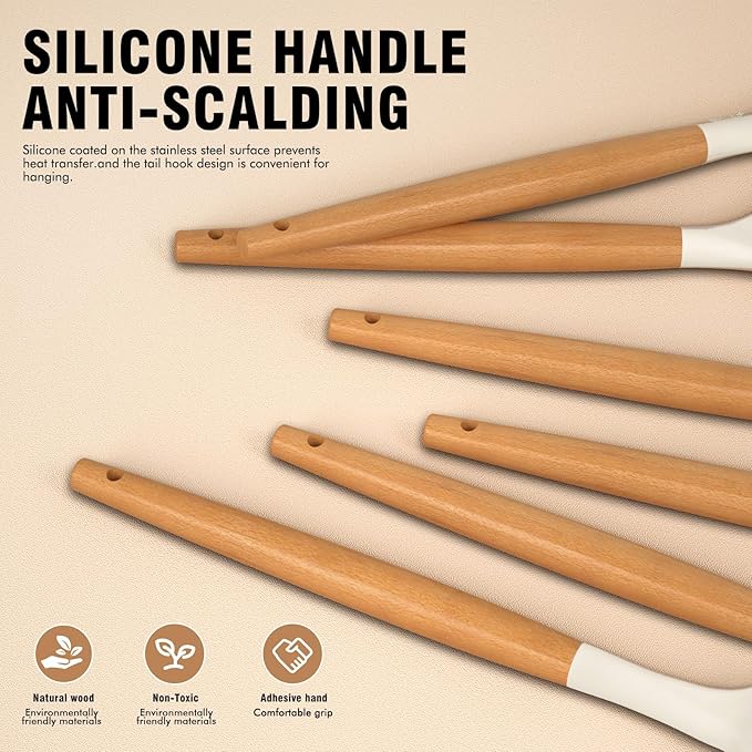 Silicone Cooking Utensils Set - Silicone Kitchen Utensils for Cooking Wooden Handles, 446°F Heat Resistant Kitchen Utensil Spatula Sets w Holder, Gadgets for Non-Stick Cookware BPA FREE (Cream White)-Ruum Studio Home