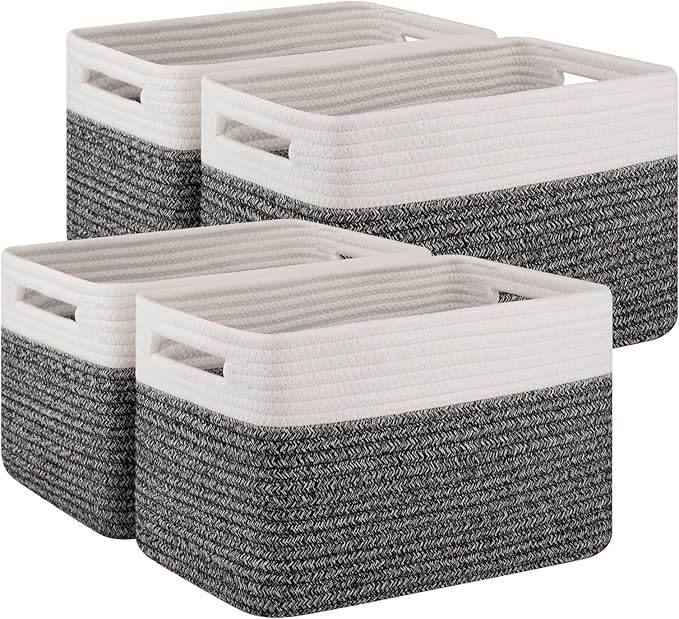 4 Pack Storage Baskets for Organizing, Woven Baskets for Shelves - Perfect for Toys, Books, Towels, and Clothes, Durable Gift Basket Bins Toy Storage, 13''Lx9''Wx7.8''H, Black & White-Ruum Studio Home