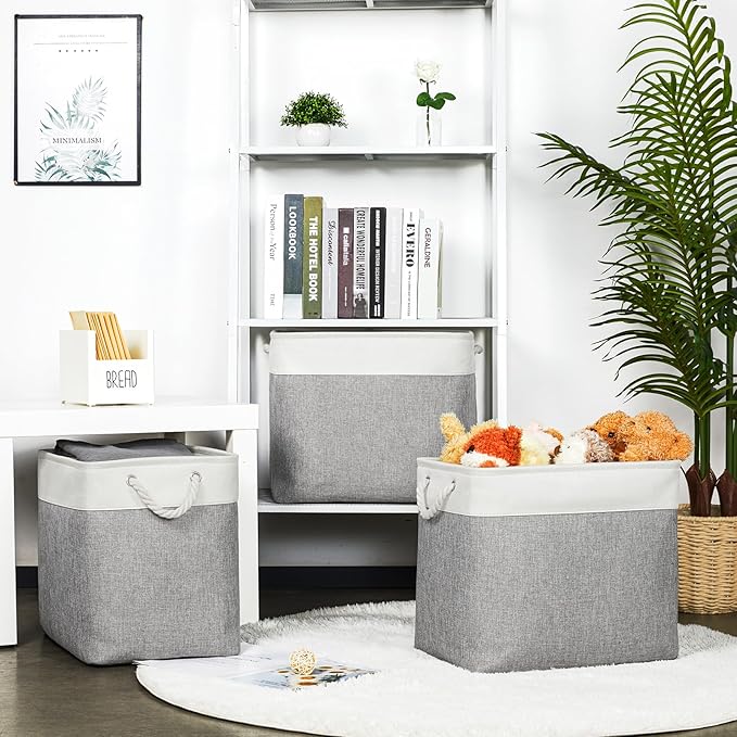 Bidtakay Extra Large Storage Baskets for Organizing 17x12x15.1 inch 3-Pack Fabric Closet Organizers Storage Bins with Handles Foldable Storage Baskets for Shelves Clothes XL-White&Grey-Ruum Studio Home
