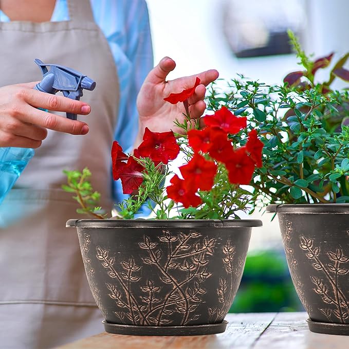 12-inch-Flower-Pots-Outdoor-Indoor, 4 Pack Plastic Planter Pots for Plant with Drainage Hole Saucer, Decorative Resin Garden Container with Tray-Ruum Studio Home