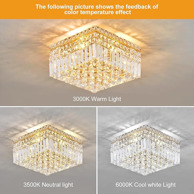 4-Light Gold Crystal Chandeliers Flush Mount Chandelier Light Fixture with K9 Crystals Modern Ceiling Lights Elegant Square Lamp for Bedroom,Hallway,Bar,Living Room,Dining Room,H5.9 xW13.7-Ruum Studio Home