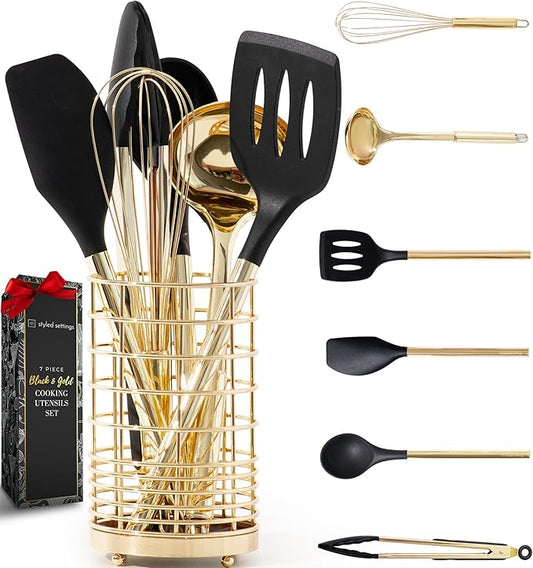 Styled Settings Black and Gold Cooking Utensils Set - 7-Piece Silicone Utensils Set Include Spatula Holder for Nonstick Cookware and Modern Kitchens - Stylish Black and Gold Kitchen Accessories-Ruum Studio Home