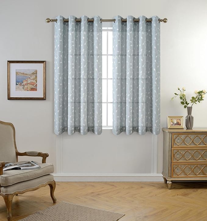 MIUCO Floral Embroidery Semi Sheer Curtains Faux Linen Grommet Curtains for Living Room 52 x 84 Inch 2 Panels Set, Sea Foam-Ruum Studio Home