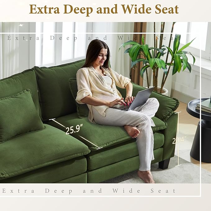 URRED Modular Sectional Sofa Comfy Cloud Couch, Modern Corduroy Sofa Sleeper Deep Seat Couches with Ottoman/Pillows for Living Room (Green, 82.6''- L Shape)-Ruum Studio Home