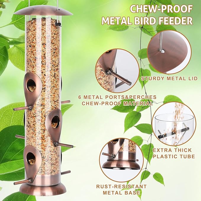 FEED GARDEN Metal Bird Feeders for Outdoors Hanging, 6-Port Tube BirdFeeders for Outside, Finch Feeders for Outside, Brushed Copper Finishing, Bird Feeder with Heavy Duty Metal Lid, Chew-Proof 1 Pack-Ruum Studio Home