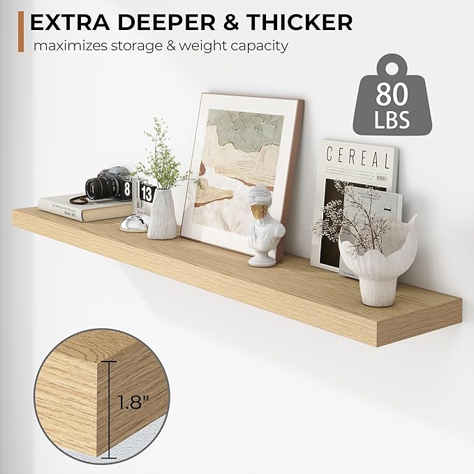 Fun Memories 55 Inch Floating Shelves - 9 Inch Deep Rustic Wooden Wall Shelves - Extra Deeper & Thicker Wall Mounted Storage Shelf for Living Room, Kitchen, Farmhouse - 55" W x 9" D x 1.8" H - Oak-Ruum Studio Home