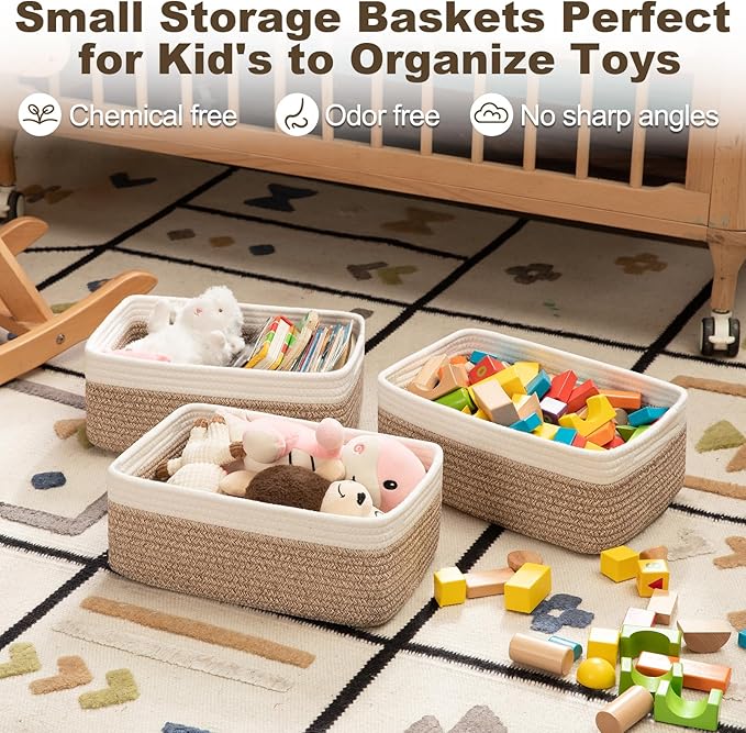 3 Pack Small Storage Baskets for Organizing, Cute Woven Decorative Gift Baskets for Shelves, Mini Closet Organizer Bins with Handles-13''Lx8.66''Wx5.11''H-Brown and White-Ruum Studio Home