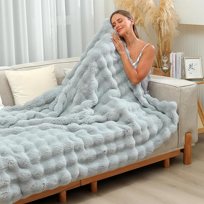 RYNGHIPY Faux Fur Throw Blanket Double Side Thick and Warm for Couch Plush Fluffy Faux Rabbit Fur Decoration for Sofa Chair and Bed Grey Winter Blanket (Grey, 51''x63'')-Ruum Studio Home