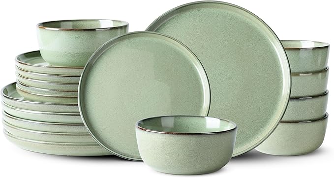 GBHOME Ceramic Dinnerware Sets for 6, 18 Pieces Stoneware Plates and Bowls Sets, Scratch Resistant Dishes, Dishwasher & Microwave Safe-Pastel Green-Ruum Studio Home