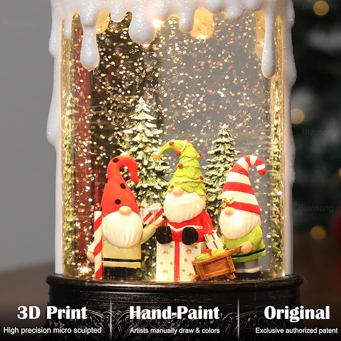 Gnome Snow Globe Candle Christmas Decorations Gifts Auto Snowfall Glitter Music Collection with 6H Timer USB/Battery Powered 9.7 inch-Ruum Studio Home