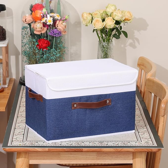ANMINY Storage Boxes with Lids Washable Decorative Storage Bins Basket with PU Leather Handle Foldable Linen Fabric Storage Cubes Containers for Home Closet Organizer - Deep Blue White, Large Size-Ruum Studio Home