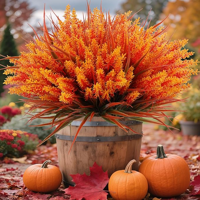 Geegoods 24 Bundles Artificial Fall Flowers Outdoor – Faux Lavender Flowers with Monkey Grass UV Resistant Plastic Faux Plants for Garden Porch Patio Home Decor, Autumn-Orange Color-Ruum Studio Home