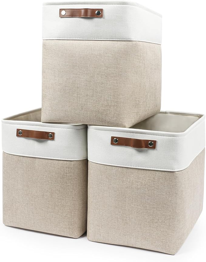 Large Fabric Storage Baskets | 50L Storage Bins, Decorative Linen Closet Baskets with Handles for Organizing, Shelf, Toys, Clothes, Home, Office, Nursery, 17x12x15Inches (Beige&White)-Ruum Studio Home