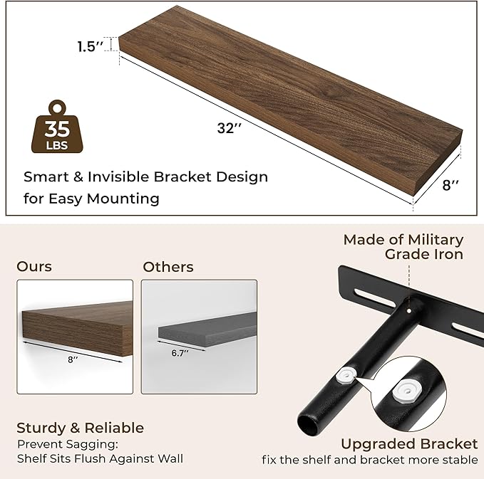 RICHFOCUS 31.5Inch Floating Shelves for Wall 2 Pack Shelves for Bedroom|Kitchen|Bathroom Wall Mounted Rustic Wood Floating Shelf with Invisible Brackets for Books|Storage|Decor, Walnut-Ruum Studio Home
