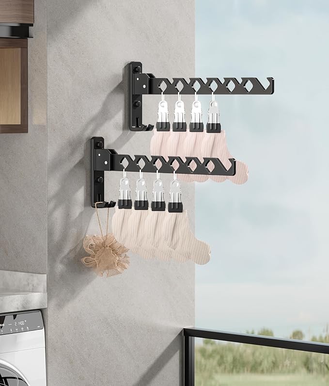 Wall Mount Coat Hanger Holder Black Clothes Drying Organizer Rack Garment Hooks Aluminium Retractable Folding Indoor Wall Mounted Hanger Space Saver for Laundry Room Bedroom Black 2 Pack with 8 Hooks-Ruum Studio Home