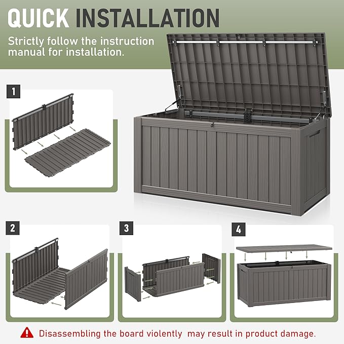 KAMABOKO Outdoor Storage Box, 120 Gallon Large Outdoor Resin Deck Box, Storage Waterproof Boxes Lockable Lid for Garden Tools, Pool Supplies, Patio Furniture and Cushions, Grey-Ruum Studio Home