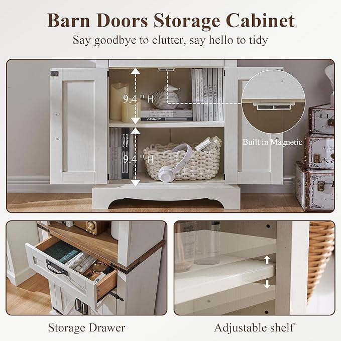 RedLemon Bookshelf with Storage Cabinet, 72" Tall Farmhouse Bookcase with Adjustable Shelves and Barn Door, 4 Tier Office Wood Bookshelf with Drawer for Office Library Living Room (Antuique White)-Ruum Studio Home