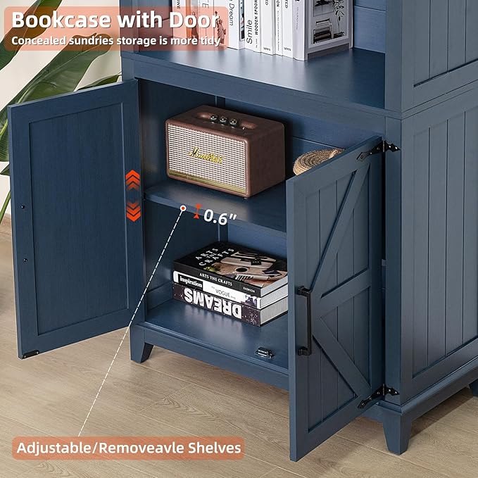 5 Tier Bookshelf 70in Tall Bookcase with Barn Doors and Storage Cabinet, Blue Farmhouse Book Shelf with Adjustable Shelves, Wood Freestanding Display Bookshelves for Bedroom, Kitchen (3PCS)-Ruum Studio Home