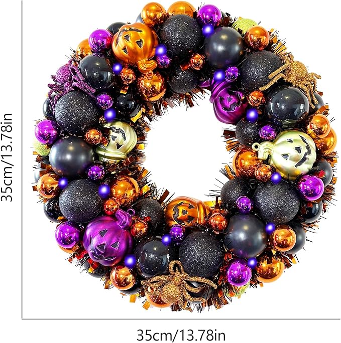 13.8 Inch Halloween Ball Wreath for Front Door with Lights, Lighted Cute Treat-or-Trick Door Wreath Ball Ornament for Halloween Indoor Decorations Centerpiece Party Holiday Wall Home Decor-Ruum Studio Home