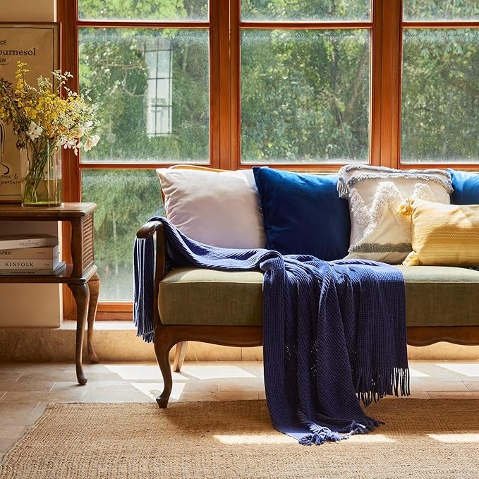 lifein Throw Blanket for Couch, Soft Boho Decor Bed Throw,Cozy Blue Chenille Knitted Small Farmhouse Lightweight Throw for Spring(Blue,60 * 80")-Ruum Studio Home