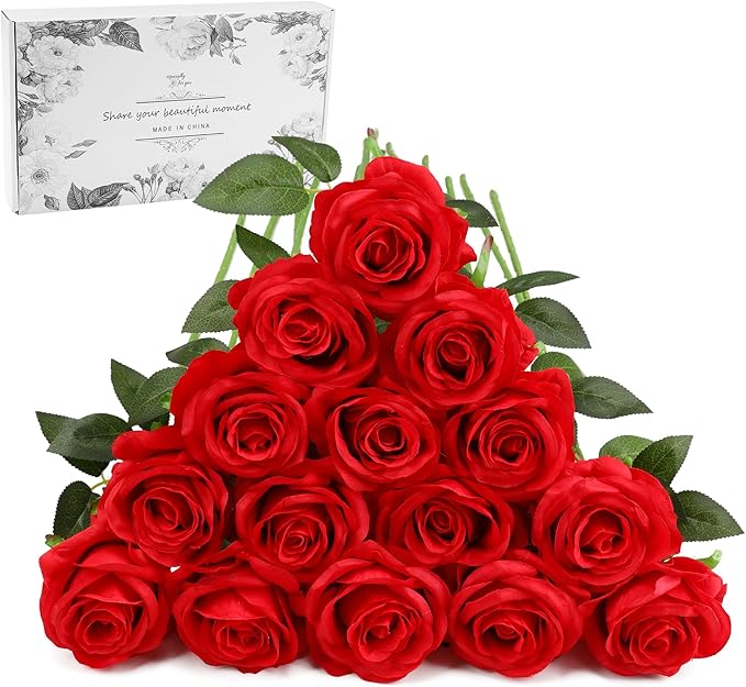 Red Fake Roses Artificial Flowers - 16 Pcs Fake Artificial Roses Silk Flowers with Stems for Home Wedding Hotel Office Centerpiece Decor-Ruum Studio Home