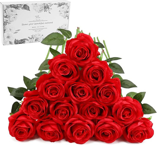 Red Fake Roses Artificial Flowers - 16 Pcs Fake Artificial Roses Silk Flowers with Stems for Home Wedding Hotel Office Centerpiece Decor-Ruum Studio Home
