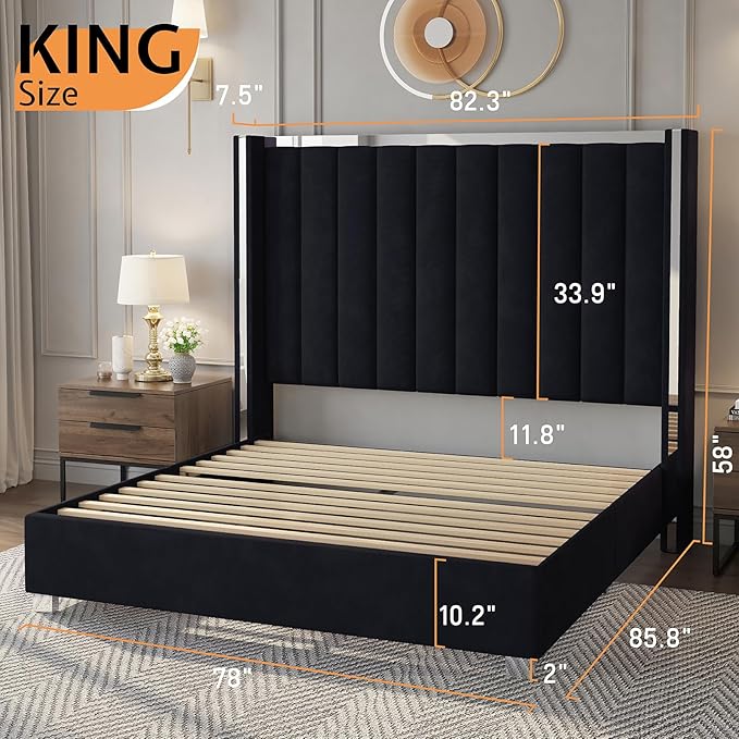 Jocisland King Size Bed Frame with 58" Tall Headboard, Velvet Upholstered Platform Bed with Channel Tufted Wingback Headboard and Plating Trim, No Box Spring Needed, Black-Ruum Studio Home
