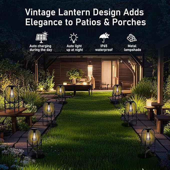 Solar Mesh Lantern Outdoor – 13.8" Tall Black Metal Patio Light with Edison Glass Bulb, Solar Powered Warm Glow LED, Waterproof IP65 for Garden, Porch, Deck, Tabletop Decor-Ruum Studio Home