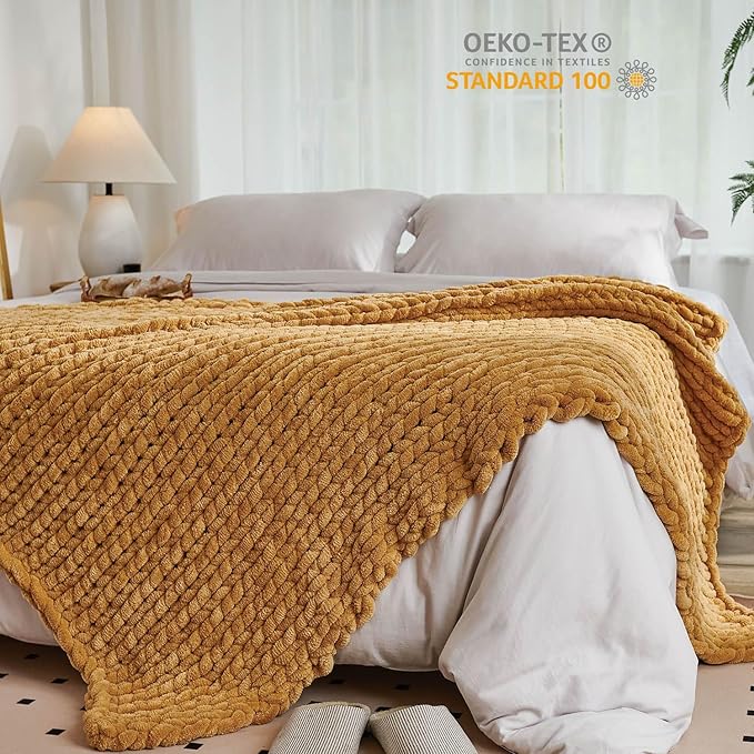 Esterra Chunky Knit Throw Blanket Newly Upgraded Heavy Tighter Version, Handmade Chenille Throw Super Soft, Thick Yarn Cable Knit Crochet Throw Blanket for Couch Bed Sofa (50"x60" Mustard Yellow)-Ruum Studio Home