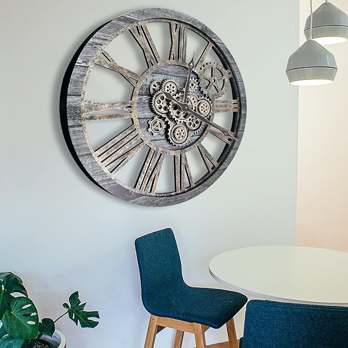 The B-Style Large Real Moving Gears Wall Clock 30 inch Rustic Retro Industrial Farmhouse Wood Clock Oversized Decorative Vintage Wall Clocks for Living Room (Carbon Gray)-Ruum Studio Home