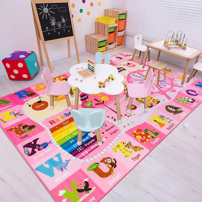 Kids Rugs for Playroom Bedroom Classroom Nursery, Non-Slip and Washable Rugs for Children Toddlers Girls, Educational and Fun Rug Carpets with ABC Alphabet Animals Shapes, 7x10, Pink-Ruum Studio Home