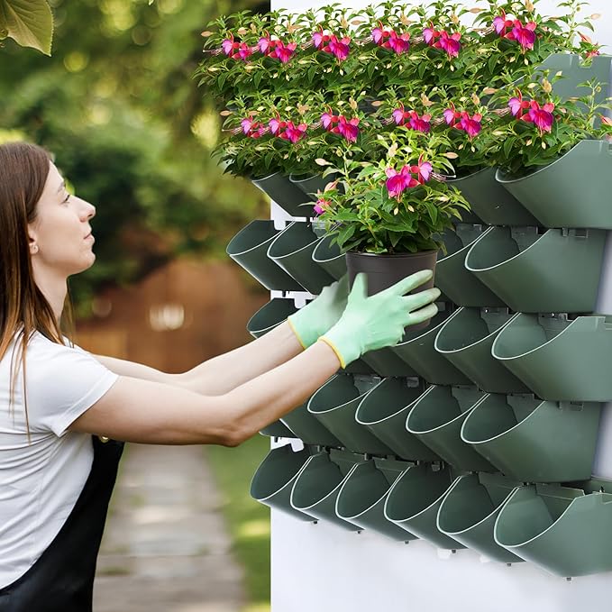 Worth Garden Upgraded 12 Sets (36-Pocket) Self Watering Stackable Vertical Planters - Wall Mounted Plastic Plant Grow Pots fr Strawberries Flowers Herbs - Indoor Outdoor Green Wall Decoration (Green)-Ruum Studio Home