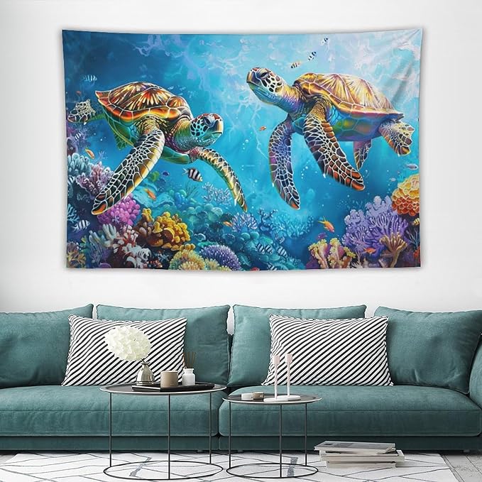 Sea Turtle Tapestry Ocean Tapestries Fabric Wall Hanging Aesthetic Space Coastal Indoor Outdoor Wall Art Tablecloth Bedspread Decoration for Bedroom Dormitory Living Room Home Decor 40"x60"-Ruum Studio Home