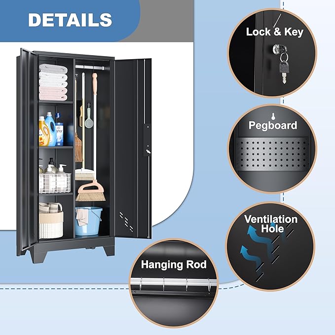 61" Broom Closet Storage Cabinet, Metal Storage Cabinet with Doors, Utility Cabinets for Brooms and Mops, Cleaning Tool Cabinets for Garage, Laundry Room, Bathroom-Ruum Studio Home